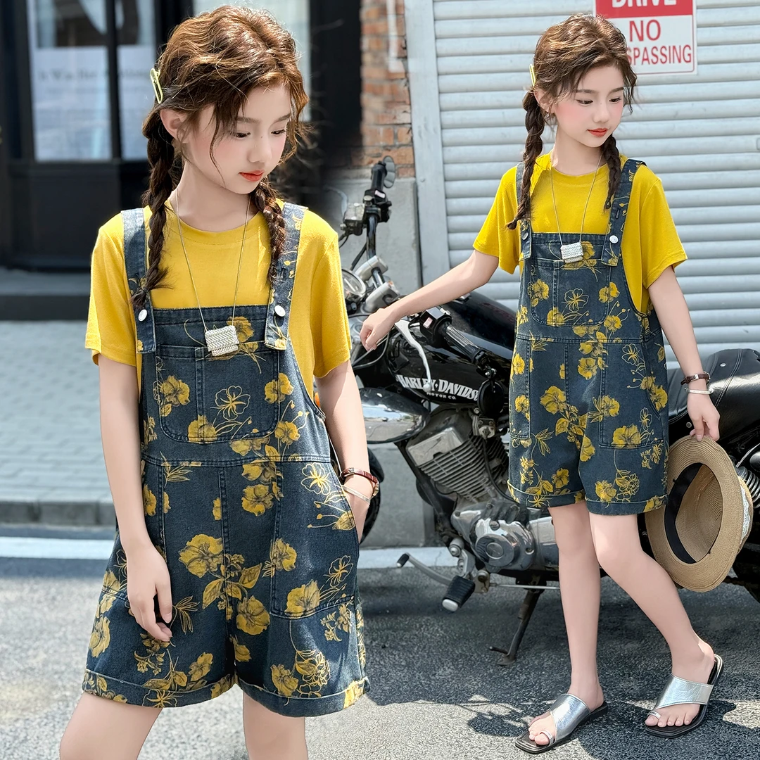 女童背带裤套装夏季2025新款儿童洋气薄款夏装大童女孩短裤两件套