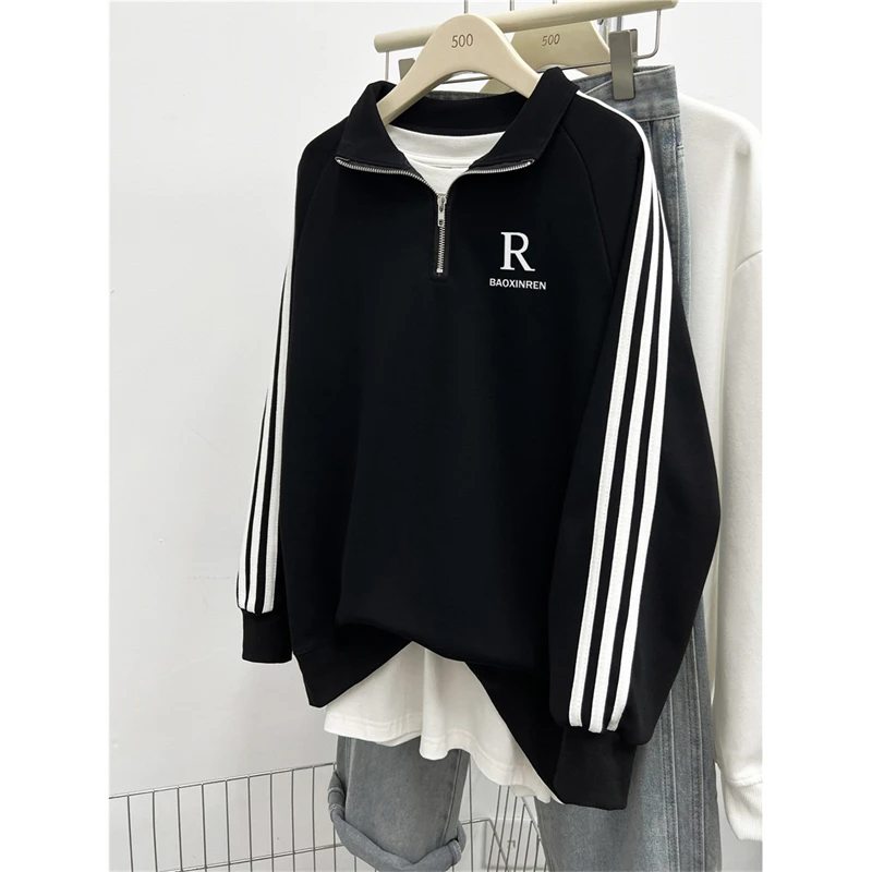 POLO领三条杠半拉链卫衣女秋冬款美式字母宽松大码加绒加厚上衣潮