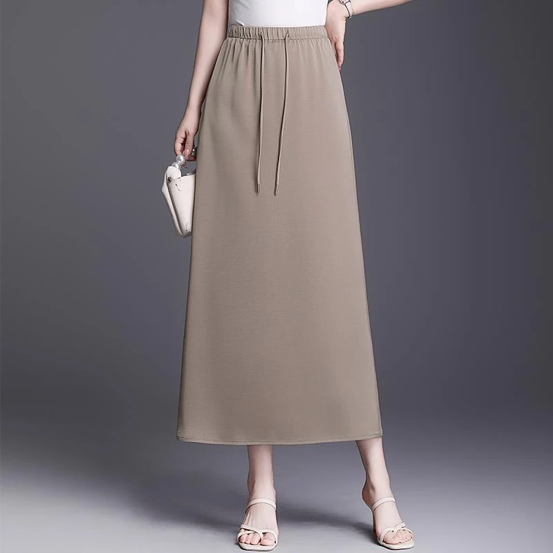 醋酸缎面抽绳半身裙女夏季中长款A字裙高腰显瘦垂感遮胯半裙长裙