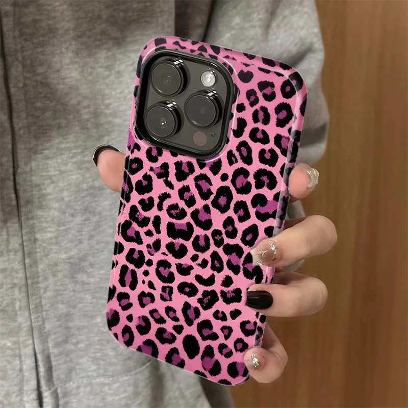 粉色豹纹适用苹果vivo华为oppo小米iPhone17菲林二合一防摔手机壳