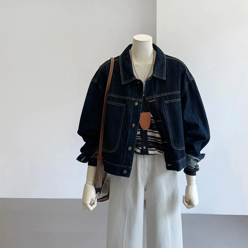 韩版时尚翻领深蓝色牛仔外套女秋季oversize宽松休闲长袖夹克上衣