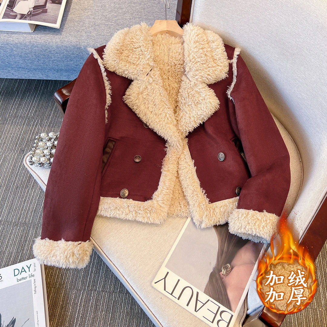拉夏贝尔时尚加绒加厚短外套女2025秋冬皮毛一体翻领宽松保暖上衣