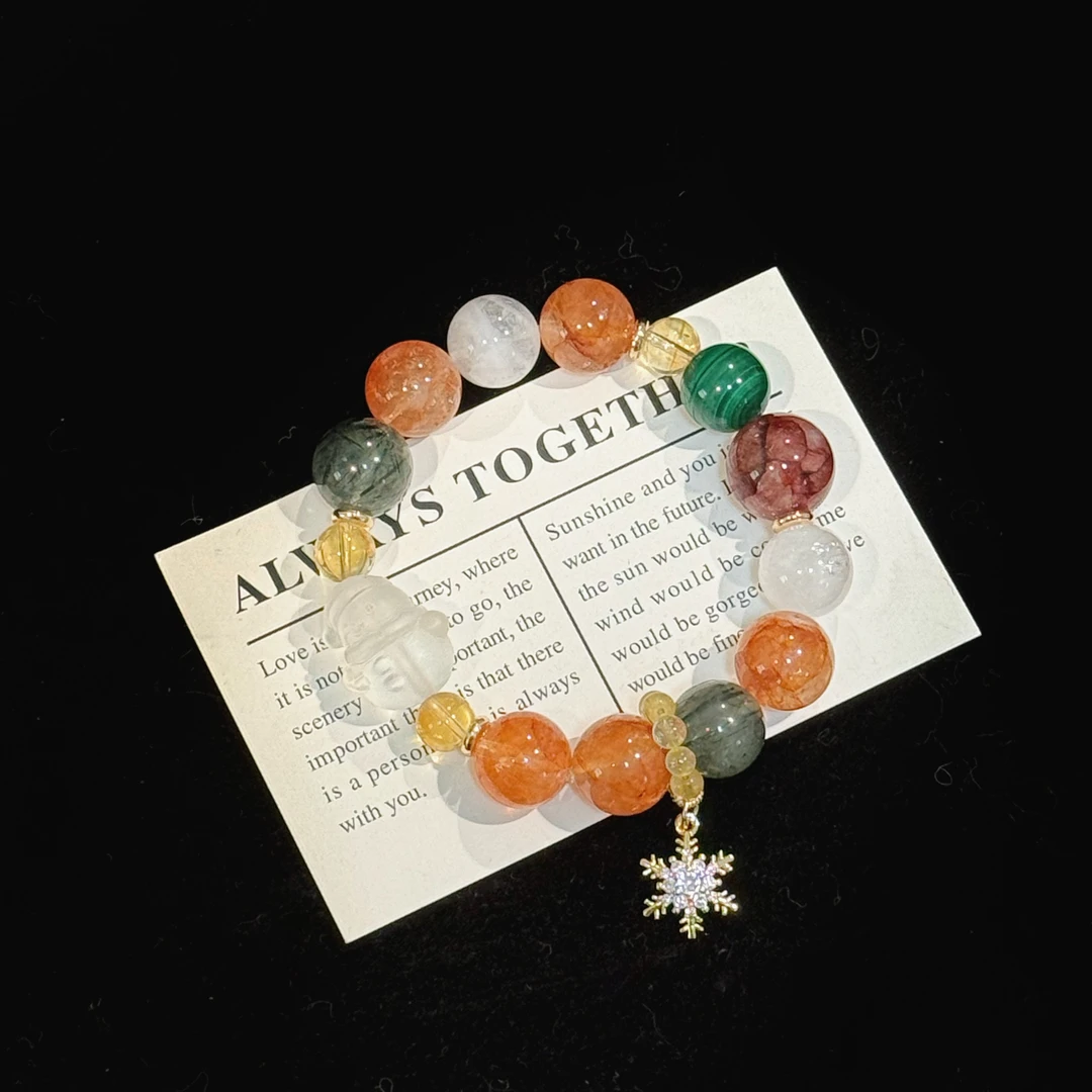 胶花绿发晶&小雪人雕刻件设计款手串-圣诞款   D5179