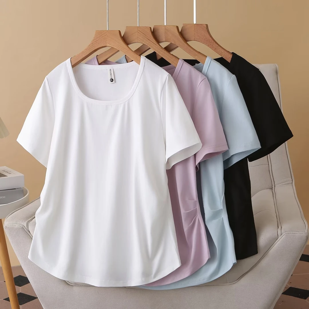纯色U型领透气大码T恤简约风短袖显瘦遮肉设计感褶皱收腰凉感上衣