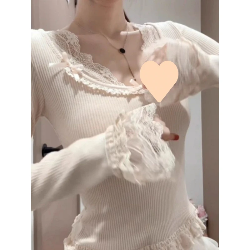 甜美纯欲粉色少女蕾丝假两件长袖打底衫蝴蝶结百搭独特上衣潮