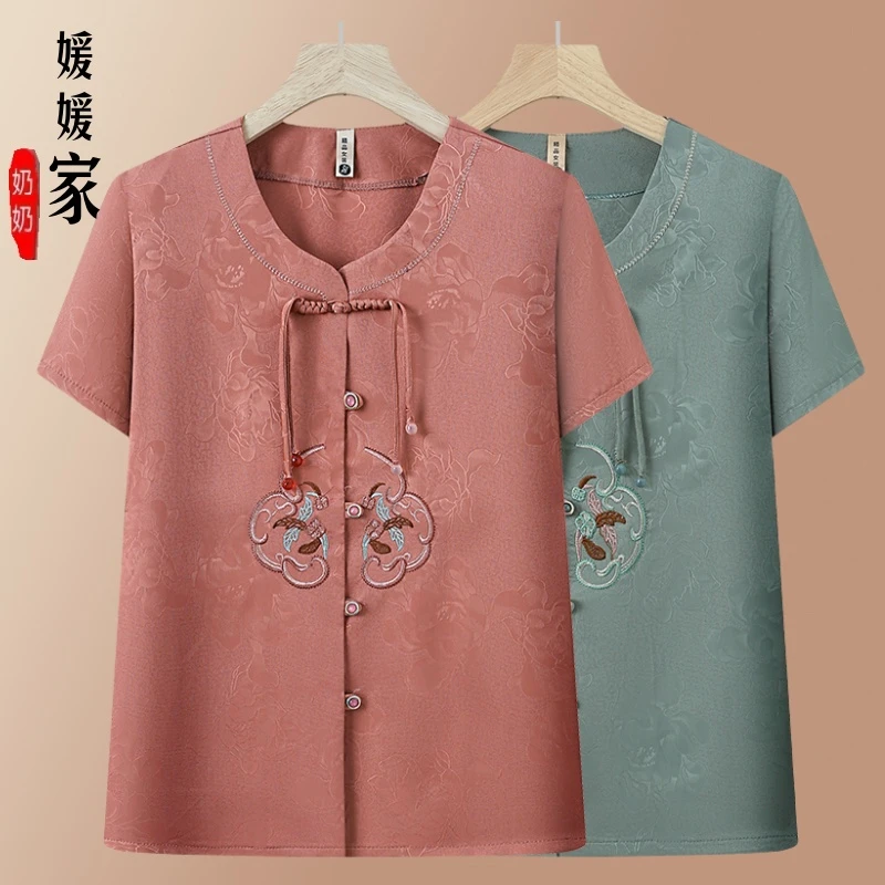 中老年人夏装新款女妈妈夏季洋气奶奶装短袖衬衫老人太刺绣太衣服