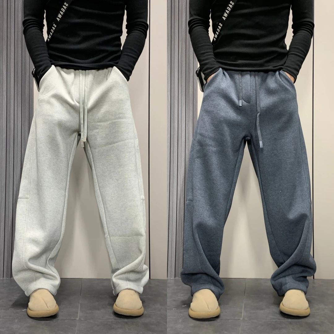 2026新款冬季加绒加厚简约百搭弯刀休闲裤男士宽松显瘦直筒运动裤
