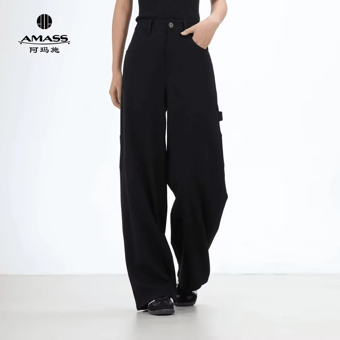 AMASS/阿玛施新款休闲松弛感黑色中腰显瘦直筒工装裤女510051