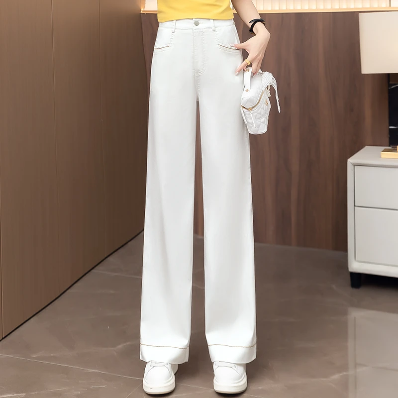 天丝棉阔腿牛仔裤女士2025新款夏季高腰宽松垂感九分窄版直筒裤子