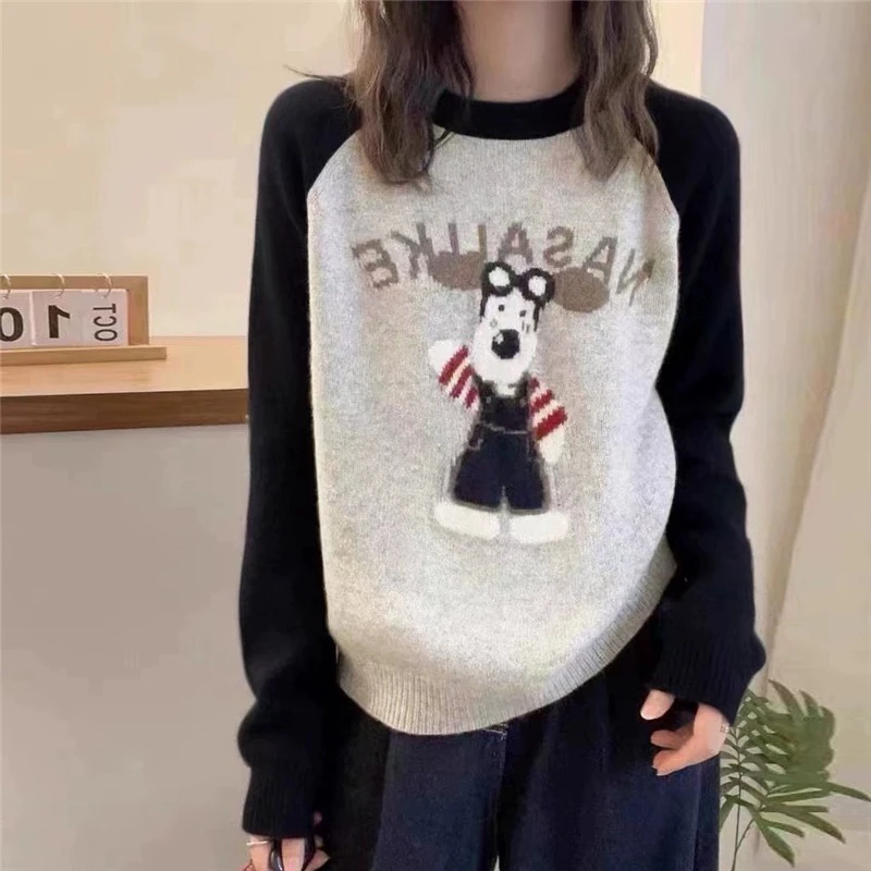 秋冬新款韩版圆领拼色卡通宽松长袖针织衫套头毛衣上衣女潮A108