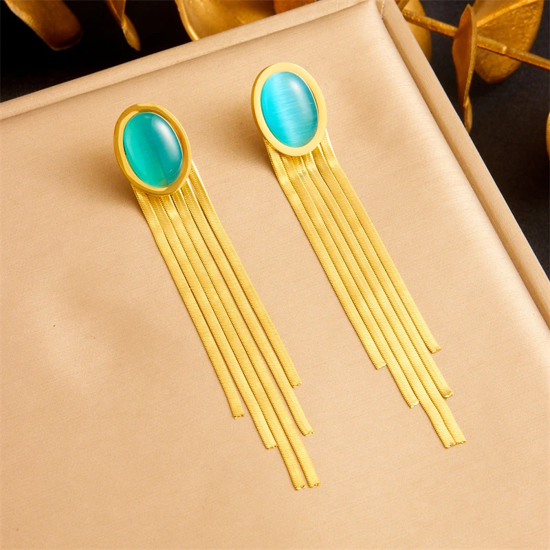 钛钢树脂耳饰 钛钢耳饰 几何形圆珠蓝绿色圆形光面流苏长款耳环