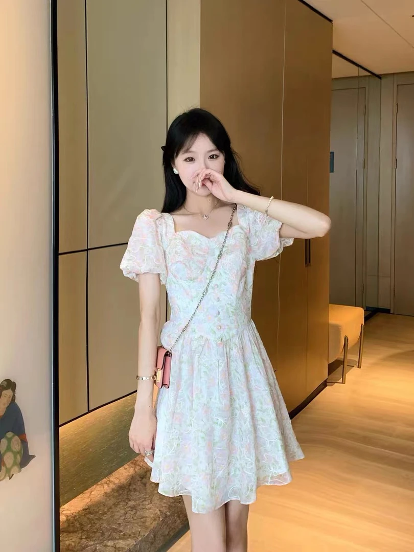 夏春秋爆花边提花连衣裙吊带修身中长裙气质甜美长裙碎花显瘦