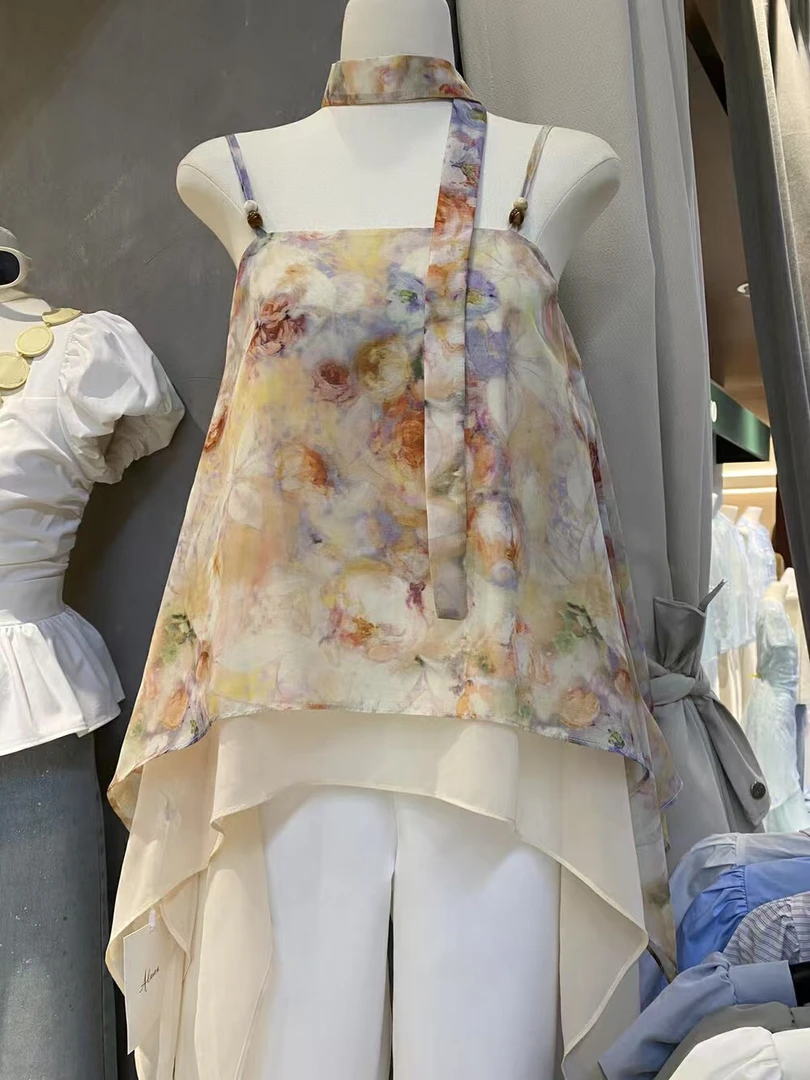 夏季气质吊带印花背心时尚内搭百搭水墨吊带衫碎花度假风古风夏款