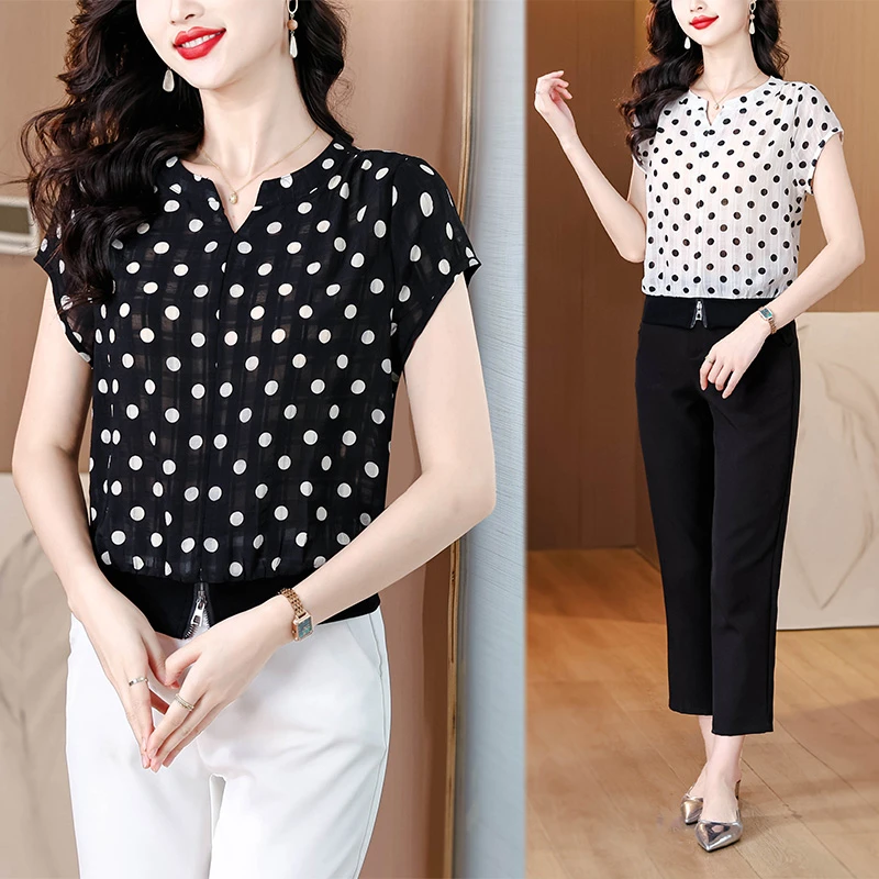 高级感洋气减龄波点雪纺小衫2025夏季时尚显瘦宽松遮肚子短袖上衣