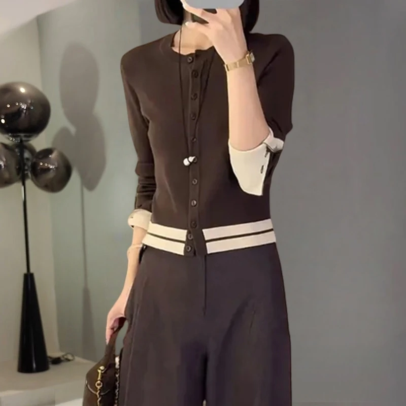 法式下摆拼色条纹针织开衫女秋季新款轻薄凉感单排多扣圆领上衣服