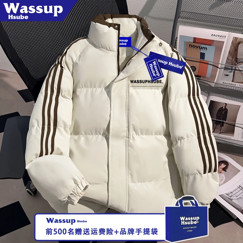 WASSUP HSUBE秋冬加厚潮牌印花防风外套三条杠米白保暖棉服男款