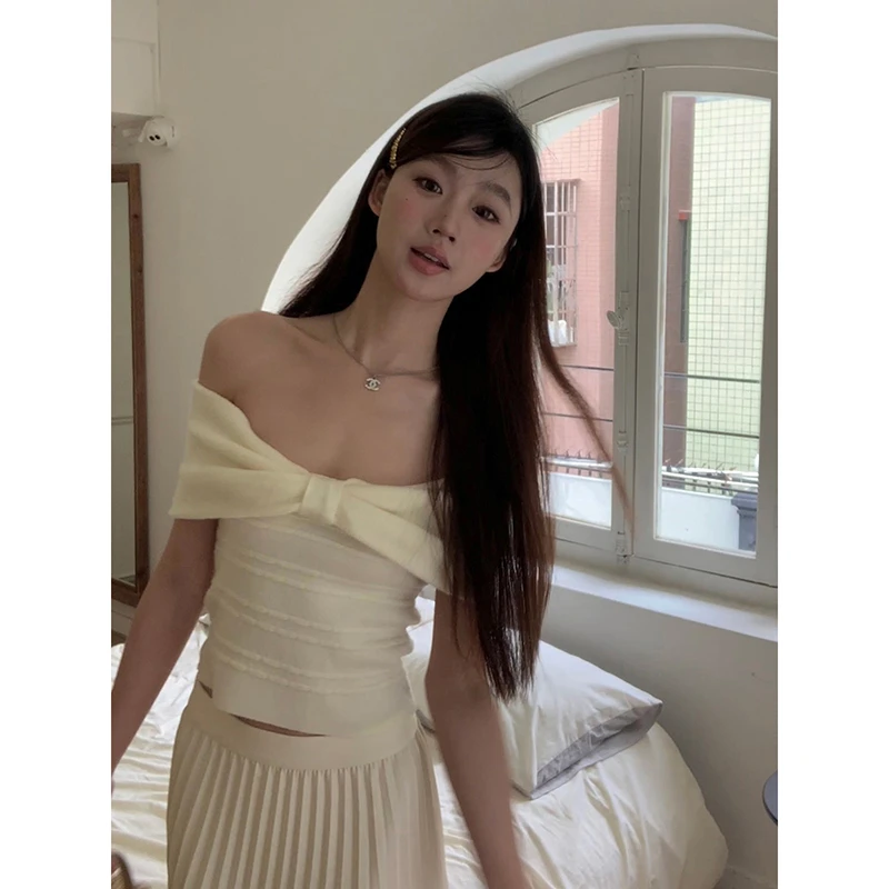 【HRG清仓】春夏韩系甜美一字肩蝴蝶结设计针织衫2025-321#