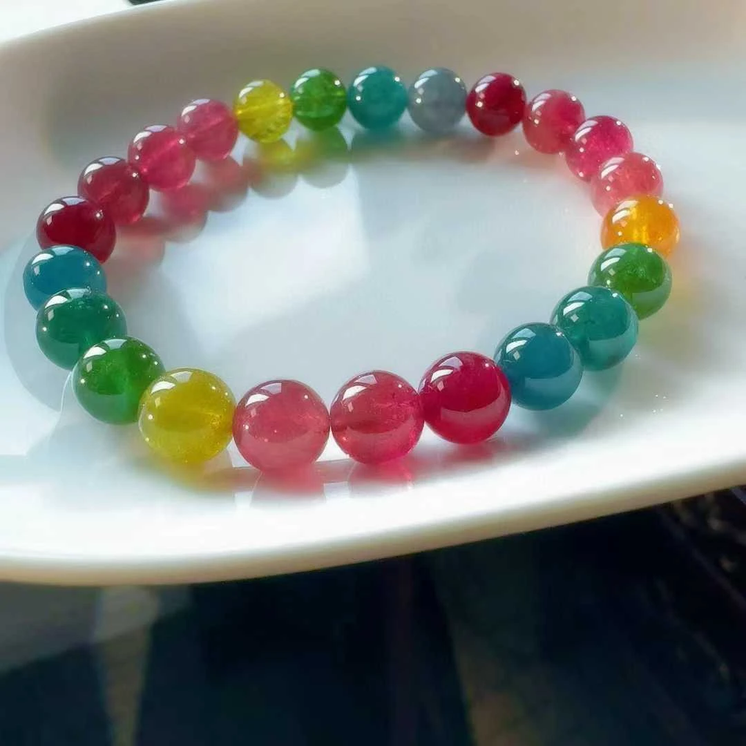 天然真品彩虹碧玺手串单圈8mm19.9g正品荧光碧玺手链女招财旺夫石