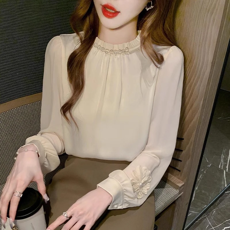 小香风长袖雪纺衬衫女2025年秋季新款法式钉珠上衣别致漂亮打底衫