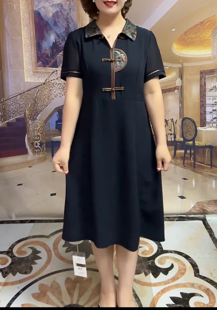 短袖连衣裙女夏中国风盘扣复古宽松腰遮肚显瘦时尚百搭休闲中长裙