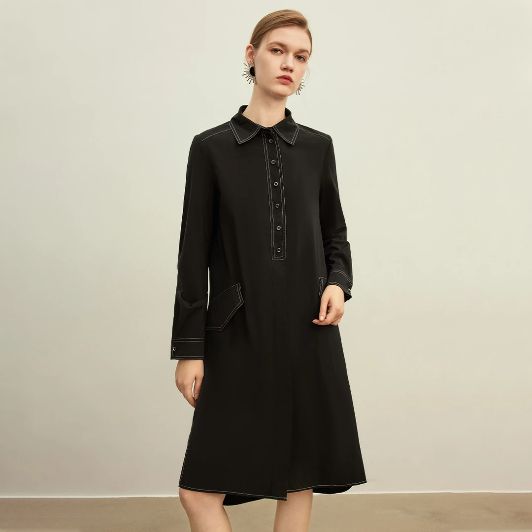 【许半夏推荐】撞色压线连衣裙秋季直身H版遮肉显瘦中长款POLO裙