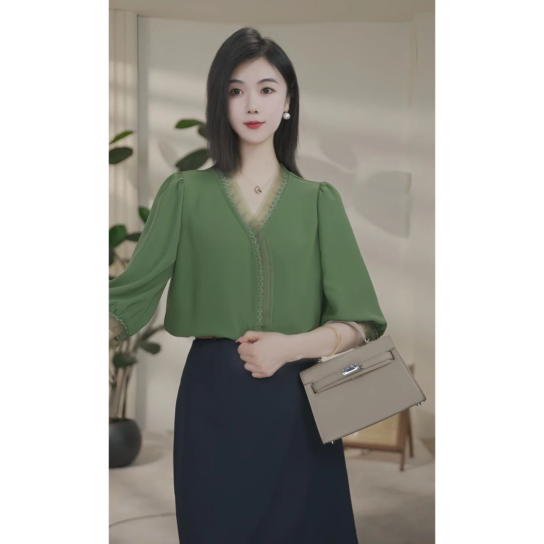 【小北甄选】欧若风8592678竹叶绿气质休闲时尚薄款衬衫设计感百搭