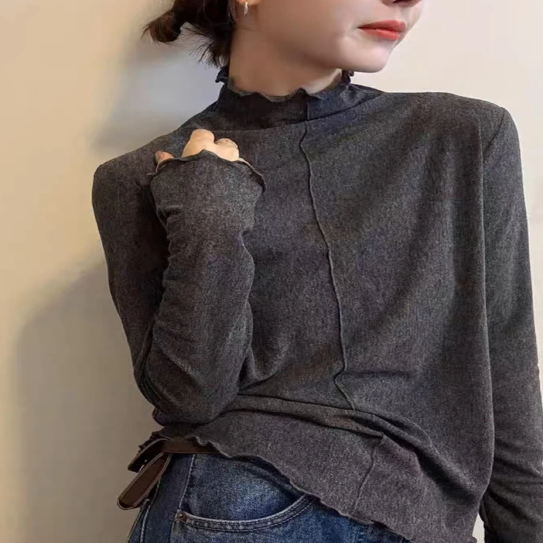欧洲站2025秋季新款时尚木耳边立领前压线设计长袖百搭打底衫T恤