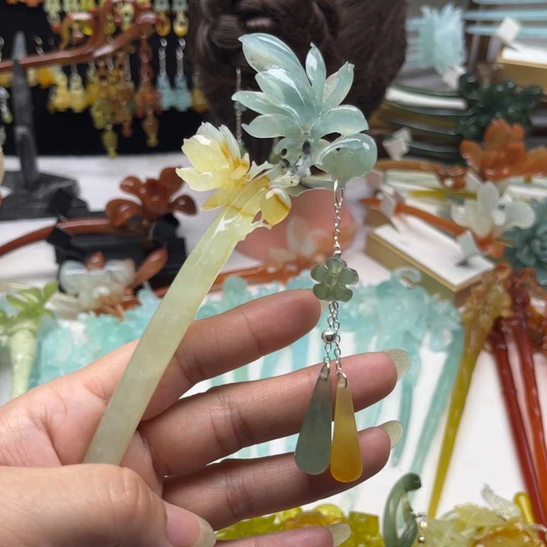 蛇纹石玉发饰合金半***酥
