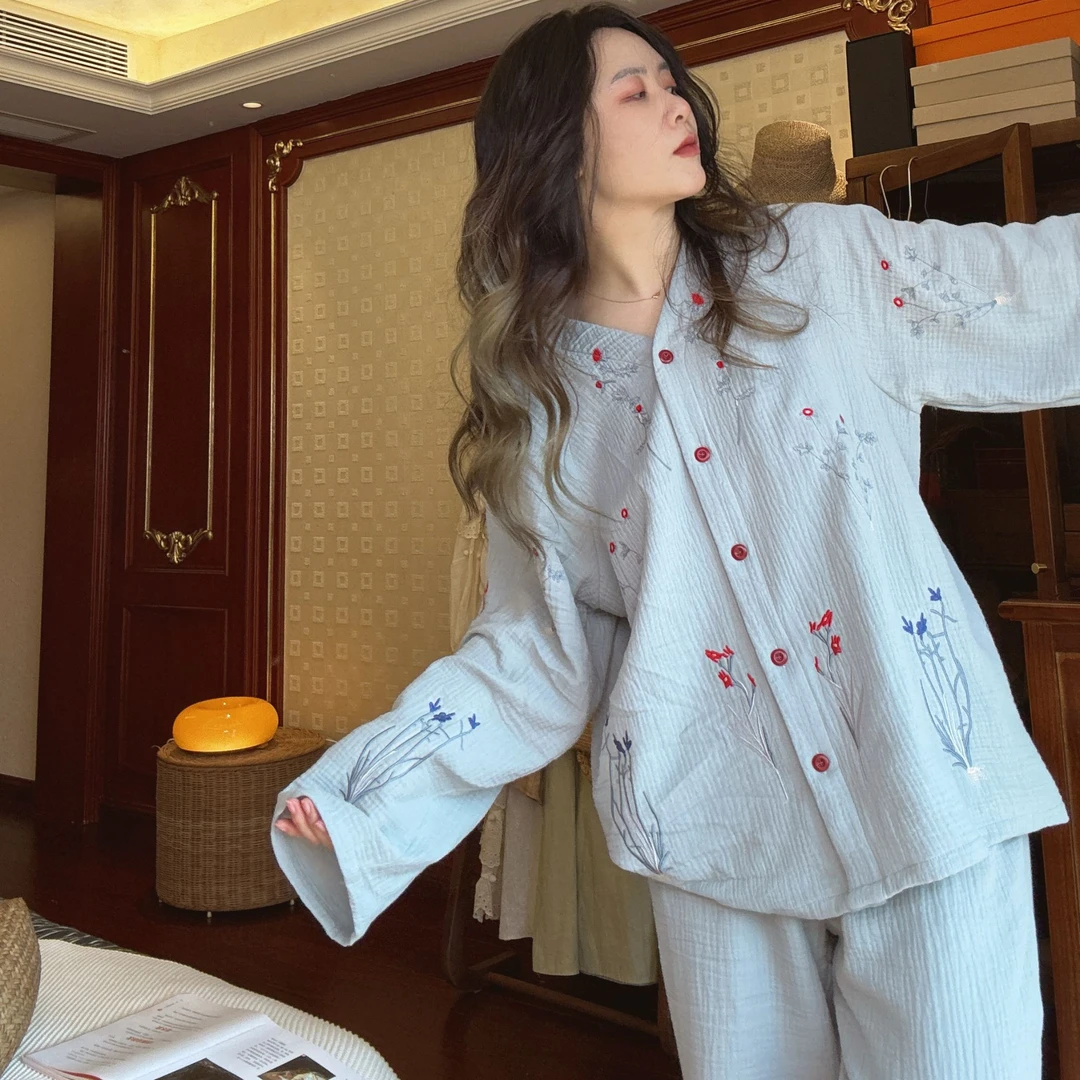 睡衣女2025年新款春夏纯棉纱布长袖薄款刺绣中国风夏天家居服透气