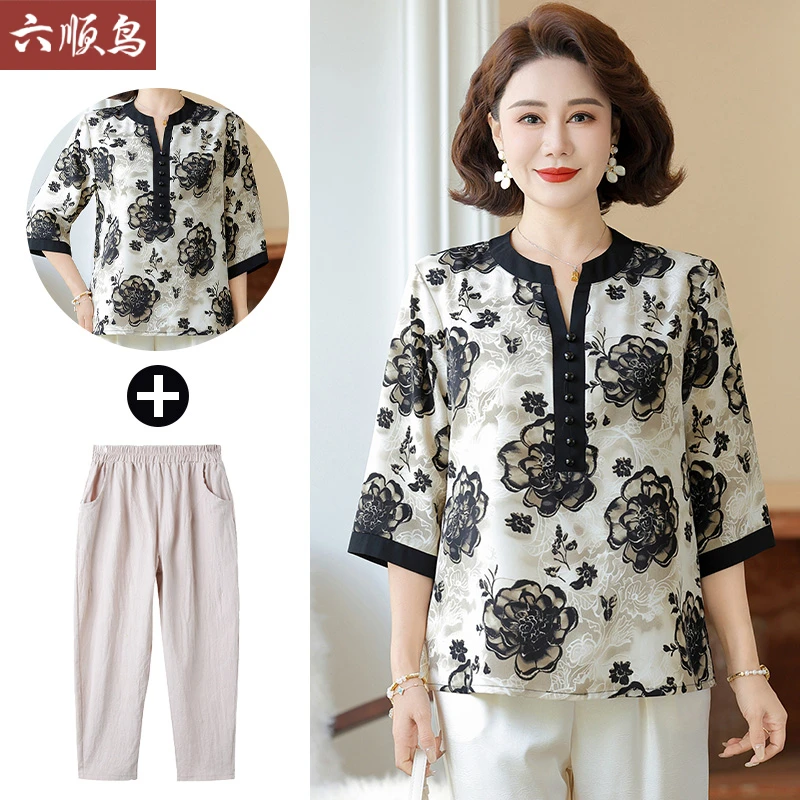 妈妈七分袖宽松上衣2025新款中老年女夏装雪纺套装洋气贵夫人小衫