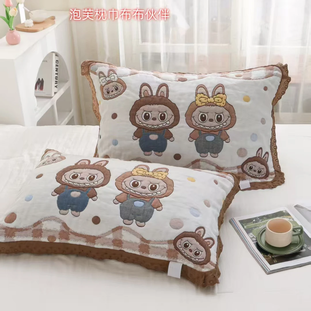 F(52*78）花边纱布泡芙枕巾1对装透气可爱柔软加厚吸汗加大枕头巾