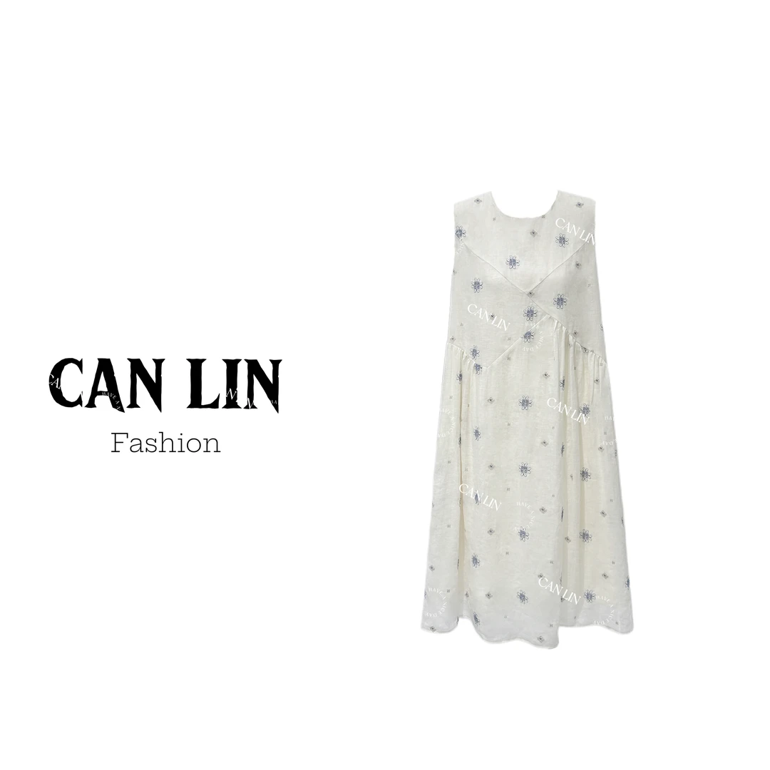 2025年夏季新款圆领苎麻宽松刺绣设计感无袖连衣裙百搭通勤显瘦女
