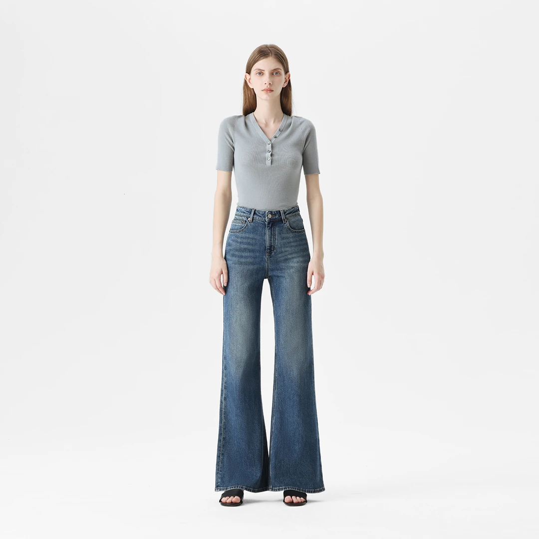 TTH WAWA高腰深蓝色微喇牛仔裤女2025新款夏季阔腿宽松拖地喇叭裤