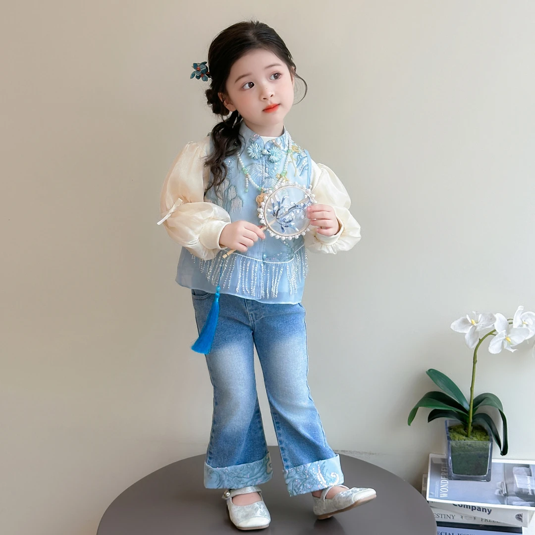 女童新中式套装2025新款儿童春秋装潮款女宝宝秋季牛仔裤三件套