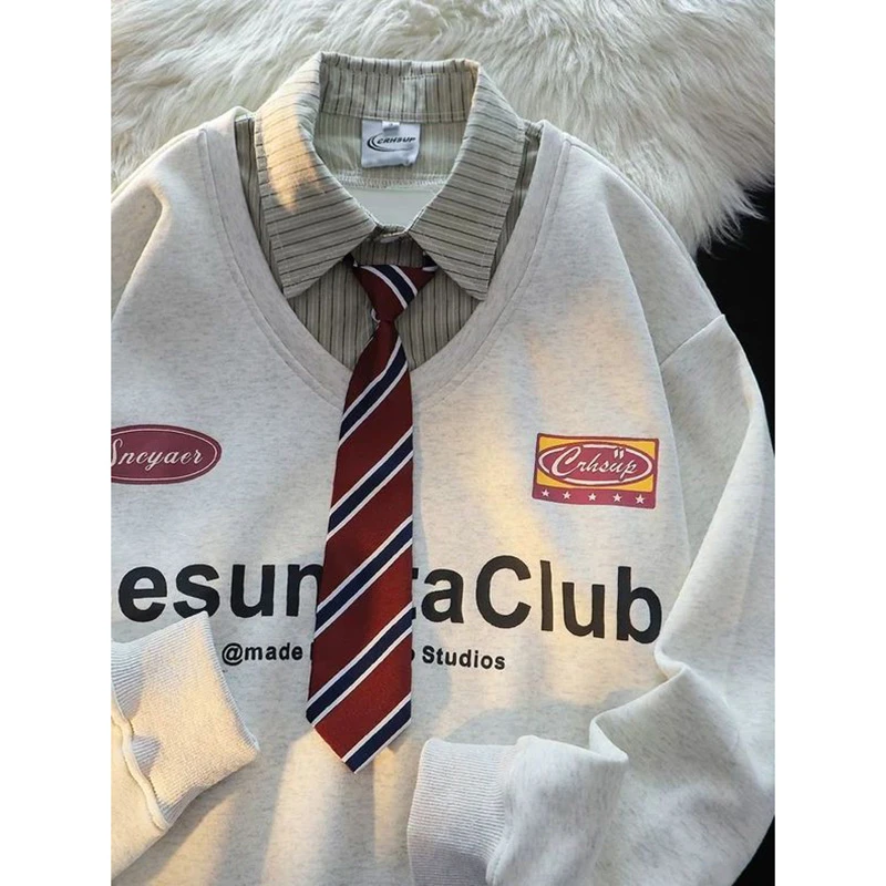 胖mm2-300斤美式学院风POLO领带假两件卫衣秋冬款宽松长袖上衣女