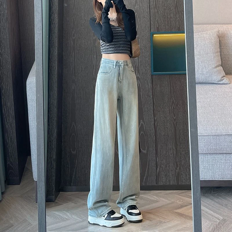 蓝色烫钻阔腿牛仔裤女2025夏季新款小众时尚设计感品质直筒拖地裤