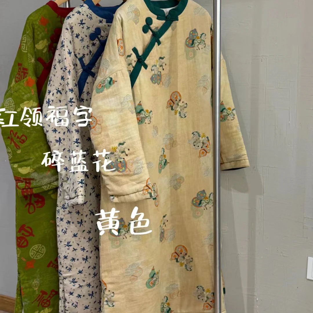 冬季新中式印花女士宽松棉服连衣裙复古百搭国风长款袍子中国风