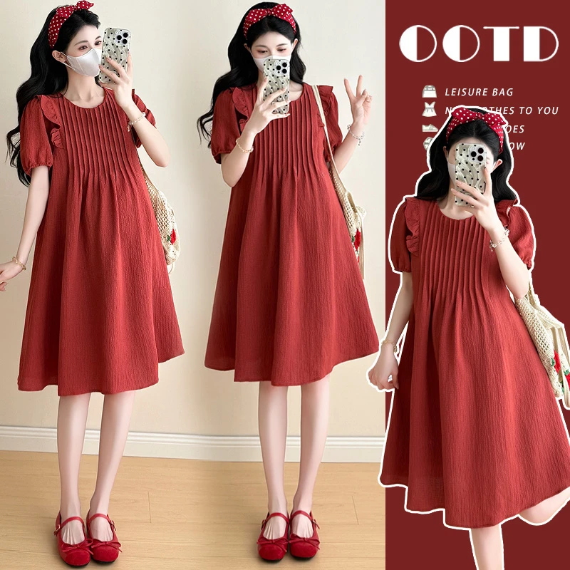 孕妇连衣裙轻奢高级感夏季红色短袖压褶宽松遮肚气质减龄2025新款