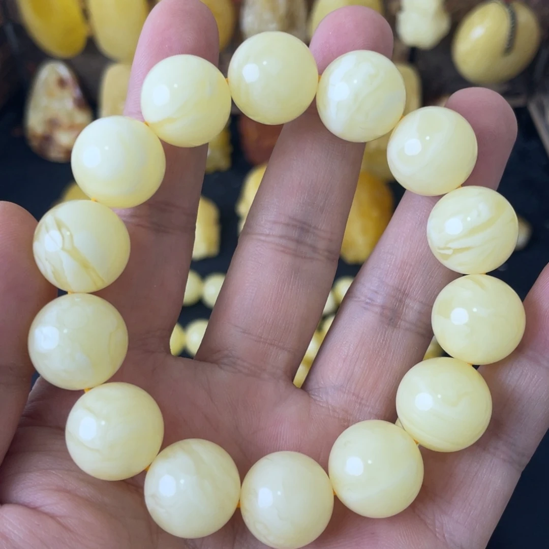 琥珀未镶嵌手串16+俄料白花圆珠手串