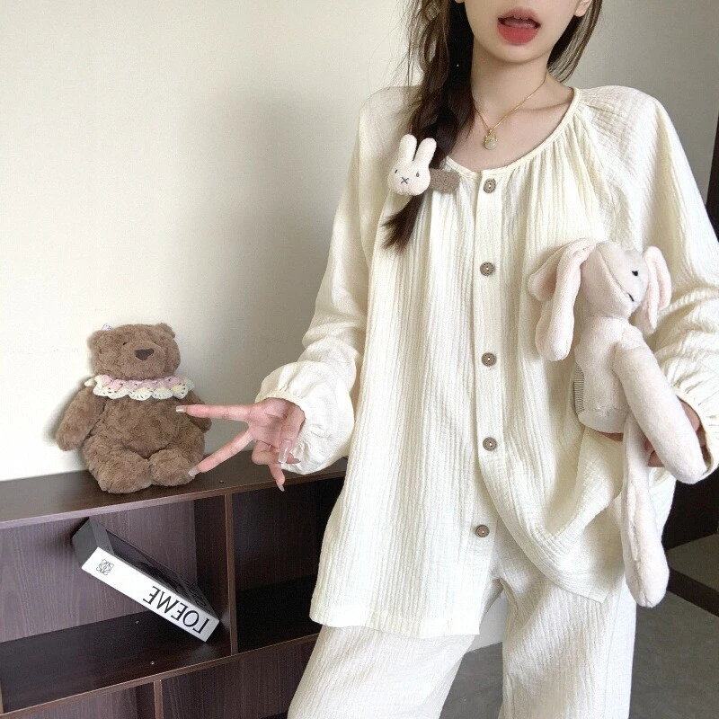 少女春秋简约纯色双层棉纱睡衣2025新款棉纱布料家居秋款两件套装