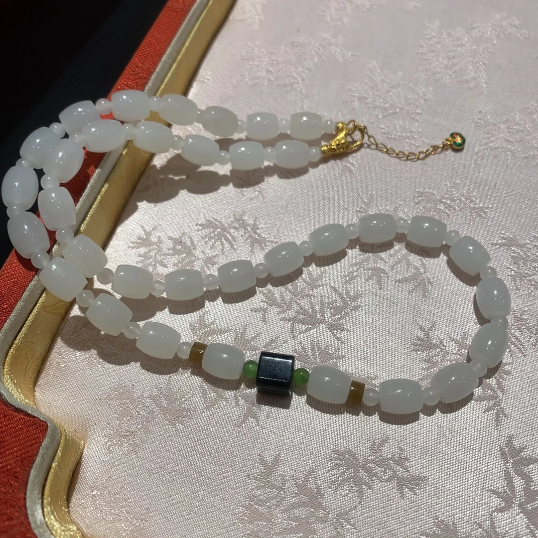 s925银墨玉和田玉白玉米珠项链