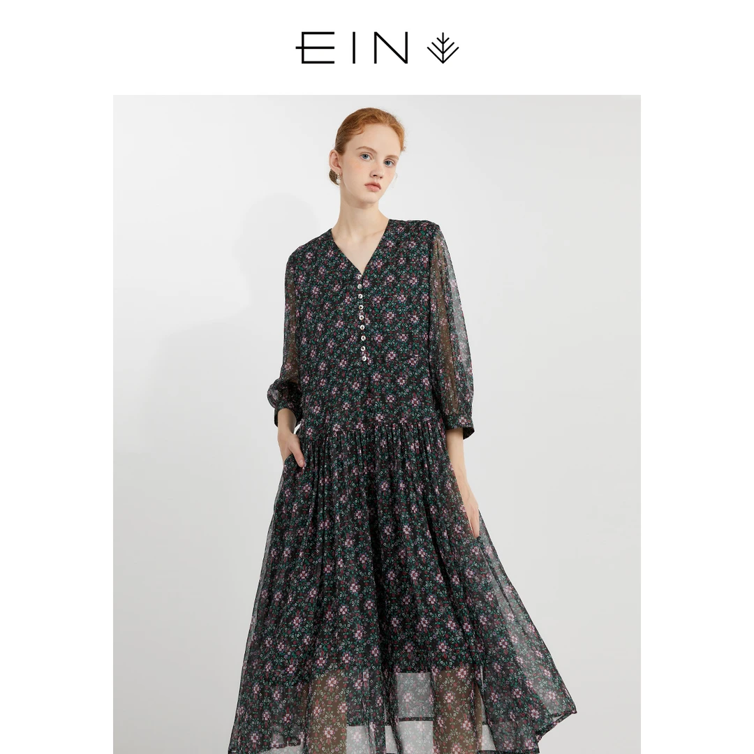 EIN/言2025秋夏文艺复古气质法式碎花休闲气质印花v领连衣裙女装