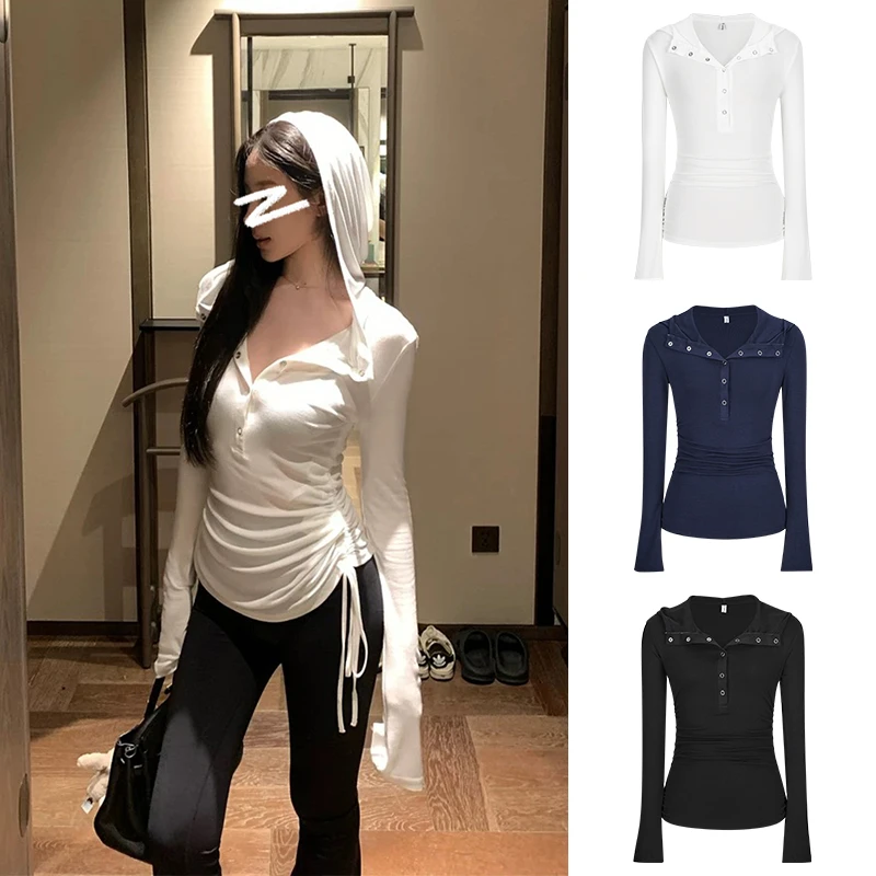 MosesQueen/魔西女王辣妹连帽长袖T恤秋季修身抽绳褶皱打底上衣