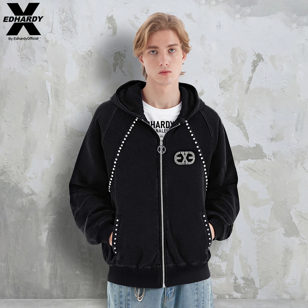EDHARDY X秋冬水洗钉钻时尚拼接连帽开衫针织外套X1C3V0150231