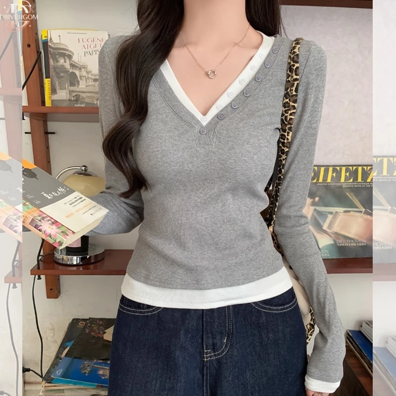撞色双层V领韩系酷飒T恤女2025秋季假两件设计感纯欲慵懒风t恤