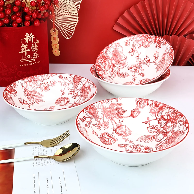 【孟垣】玫瑰新语4个装8英寸斗碗陶瓷大号釉下彩大碗面碗家用餐具