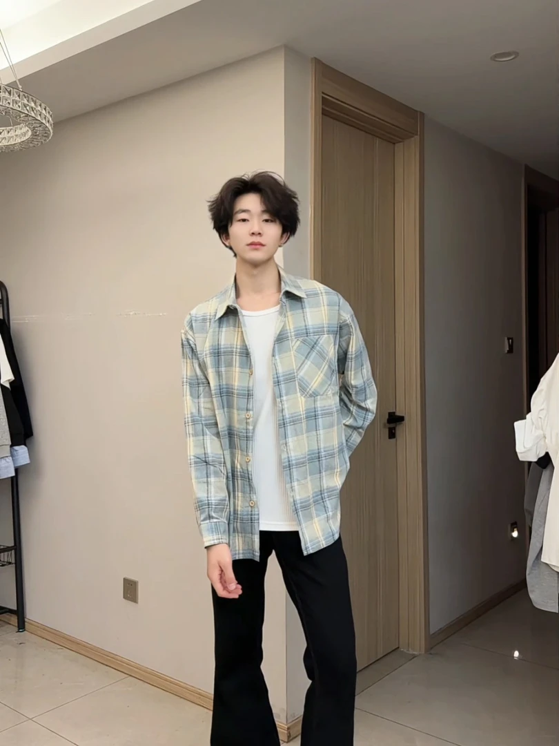 这一年的心动海蓝复古格纹做旧衬衫宽松休闲男女百搭长袖衬衫外套