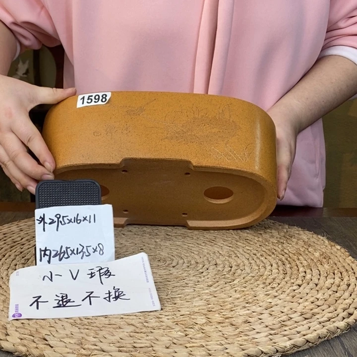 花盆紫砂  微微瑕柴烧刻绘窄腰圆1598