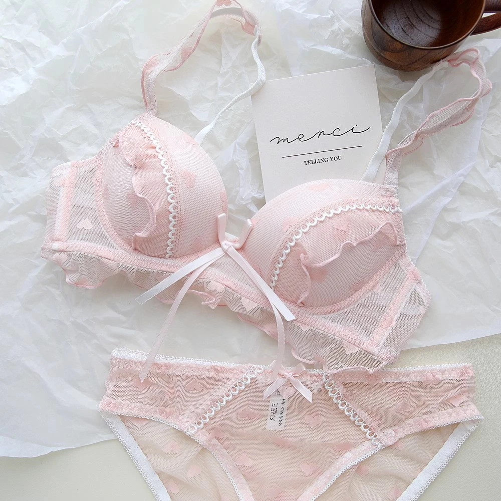 法式内衣女小胸聚拢纯欲风性感蕾丝网纱蝴蝶结甜美可爱文胸罩套装