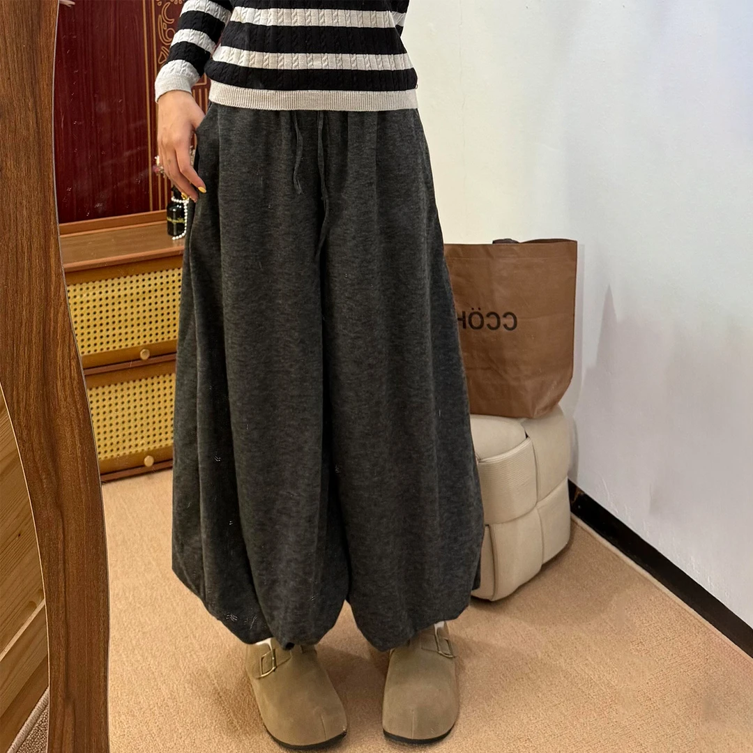 慵懒风松弛感灰色糯米裤女秋季大码胖mm小个子显瘦休闲花苞九分裤